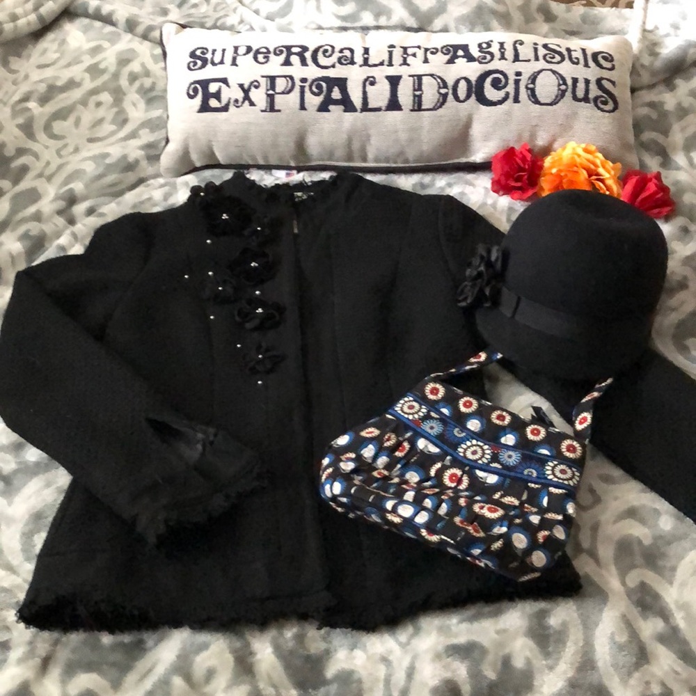 Black tweed jacket with floral detailing
